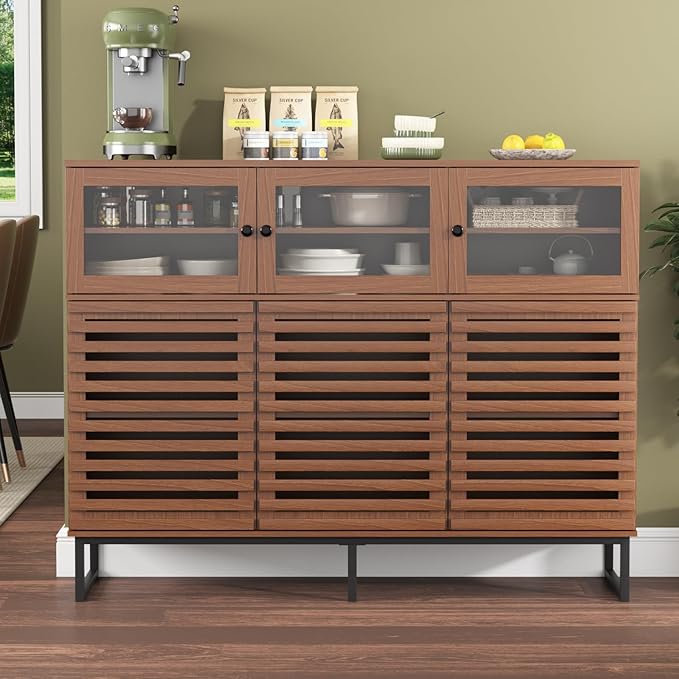 Vabches 47.2" Buffet Cabinet with Storage, Mid Century Modern Sideboard Coffee Bar Cabinet with Grille Doors & Adjustable Shelves for Kitchen, Dining Room, Living Room, Walnut