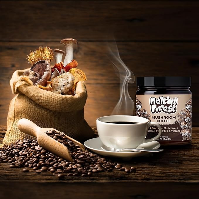 Melting Forest Mushroom Coffee, with 7 Functional Mushrooms, Cacao, Rhodiola, L-Theanine, Reishi & Lion's Mane, Stress Relieving, Focus, Cognitive Function & Mental Clarity (30 Servings)