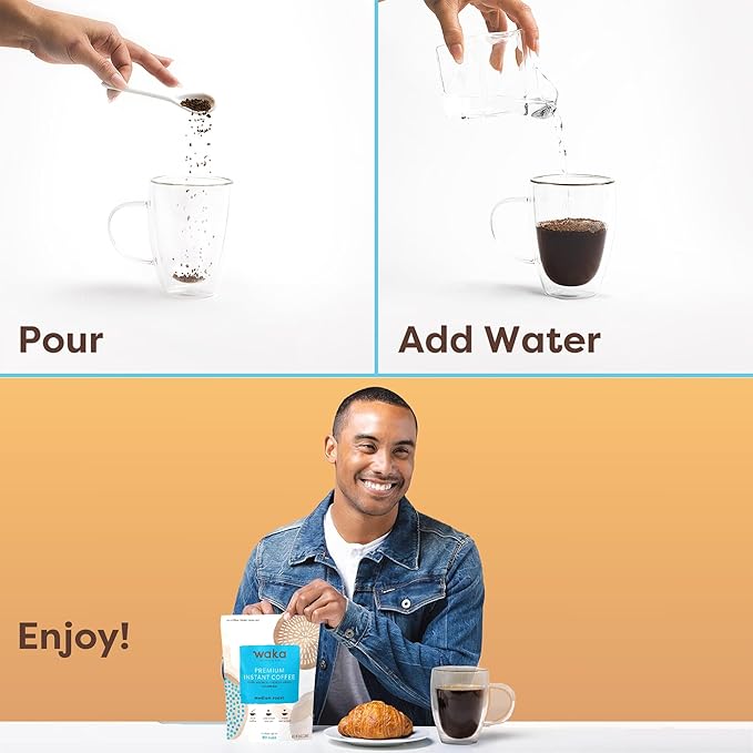 Waka Premium Instant Coffee Pouch — 100% Colombian Arabica Freeze Dried Beans — For Hot or Iced Coffee (8 Ounces, Medium Roast)