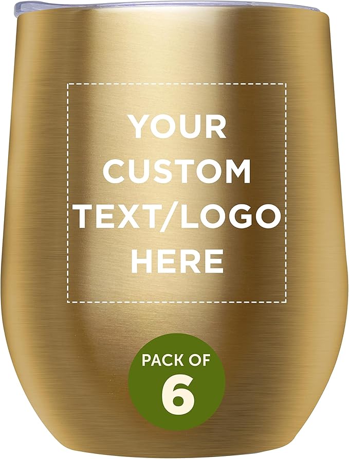 Custom Stemless Wine Glass Tumblers with Lids by Largo 11 oz. Set of 6, Personalized Bulk Pack - Perfect for Wine, Cocktails, Other Hot & Cold Beverages - Gold