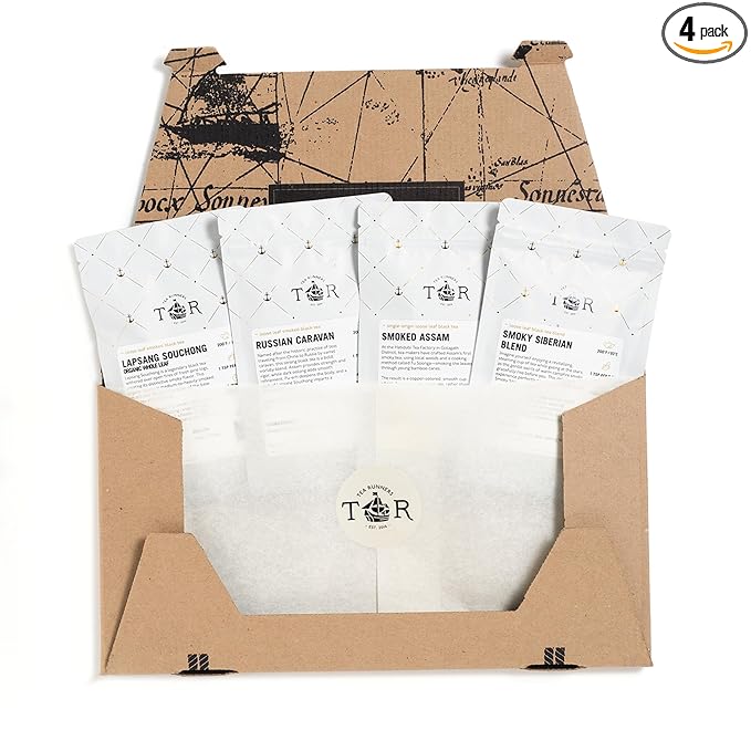 Tea Runners Smoked Tea Variety Pack - Lapsang Souchong, Russian Caravan, Smoked Assam, Smoky Siberian Blend | Loose Leaf Black Teas | High Caffeine, Organic & Premium Quality | 0.75 Oz each Pack of 4