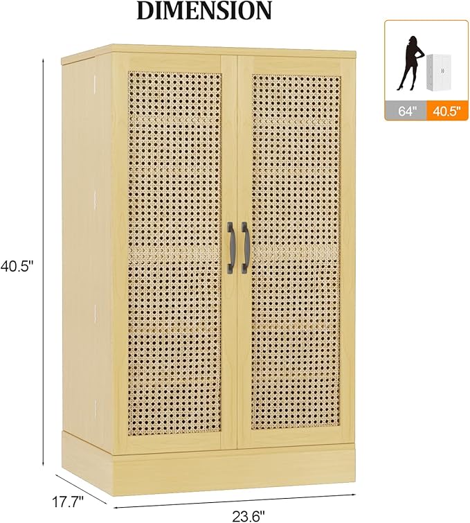 VINGLI Pantry Cabinet, Rattan Kitchen Storage Cabinet with 2 Doors and Adjustable Shelves, 40.5" H Food Storage Freestanding Cupboard for Small Space in Dining Room, Living Room