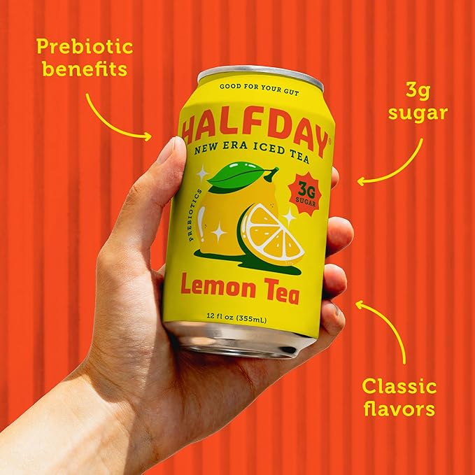 HALFDAY Prebiotic Lemon Iced Tea Cans, Supports Digestive & Gut Health, 6g Plant Fiber & Prebiotics, Low Sugar, 35 Calories, Real Brewed Tea, Natural Caffeine, Gluten Free, Keto, 12 fl oz (12 pack) Packaging May Vary