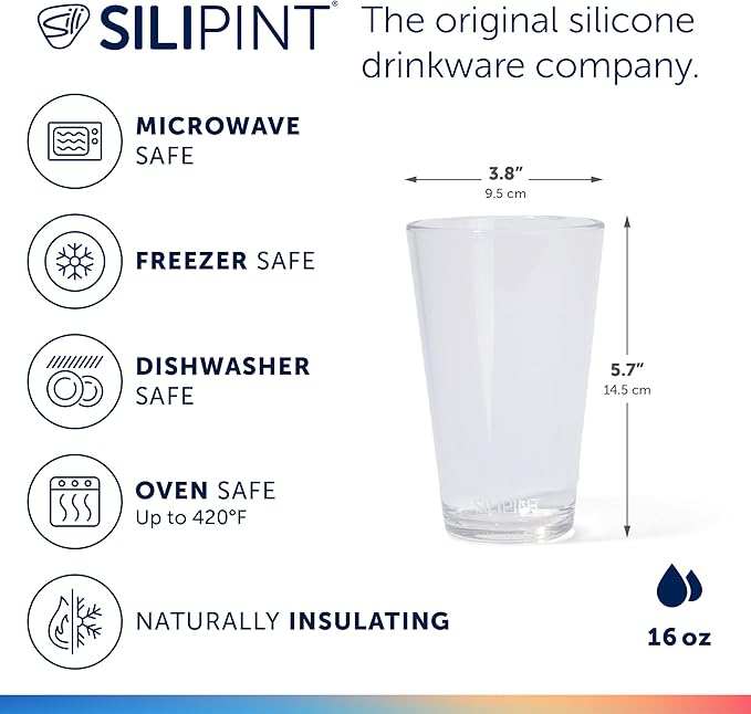 Silipint 16oz Silicone Pint Glass – Unbreakable, BPA-Free, Reusable Silicone Drinking Cup – Flexible, Microwave & Freezer Safe – Stemless Glass for Coffee, Smoothies (Crystal Clear)