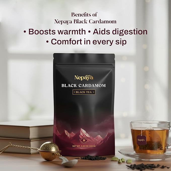 Nepaya Black Cardamom Black Tea – 50 Pyramid Tea Bags, Robust & Smoky, High Caffeine, Biodegradable, Himalayan Whole-Leaf, Coffee Replacement