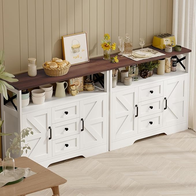 YGEOMER Buffet Cabinet Sideboard Farmhouse Coffee Bar with 3 Drawers and 2 Doors, Wood Kitchen Table Wine Bar Storage Cabinet for Dining Room