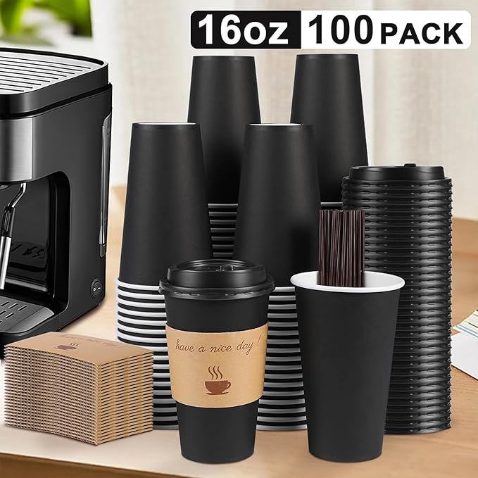 100 Pack 16 oz Coffee Cups with Lids, Disposable To Go Paper Coffee Cups with Sleeves and Stirring Sticks for Hot/Cold Drinks Office Home Shop Event (Black)