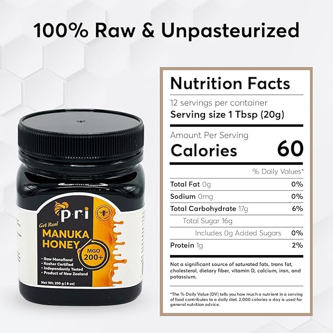 P.R.I Manuka Honey, Certified MGO 200+, Raw New Zealand Manuka Honey, 250g Jar