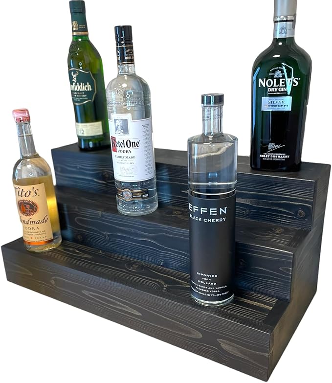 Handmade Tiered Display Shelving - Three Tier Bar Display - Bar Organizer - Liquor Bottle Display (24" with Back, Black)