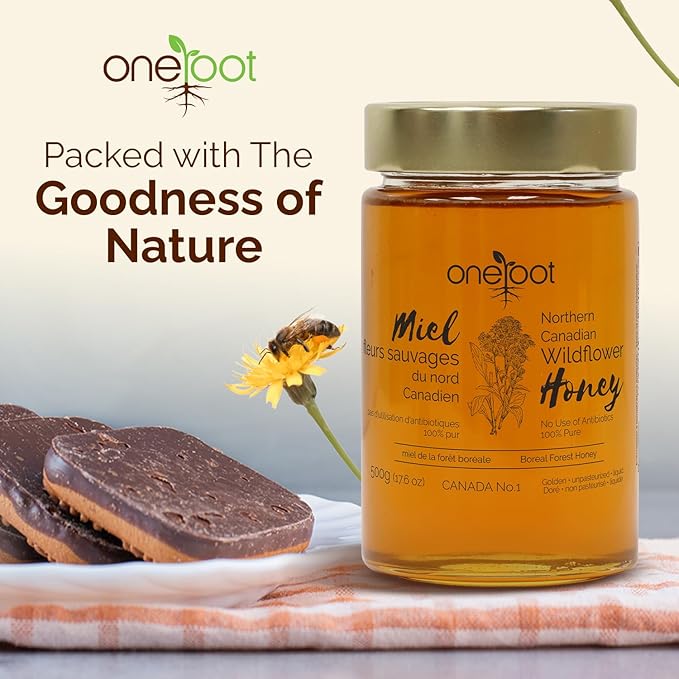 OneRoot Natural Wildflower Honey - 1.1 lbs / 500g, Pure Canadian Boreal Forest - Unpasteurized, Minimally Filtered & Single-Source - Rich in Enzymes & Antioxidants - Raw Liquid Honey