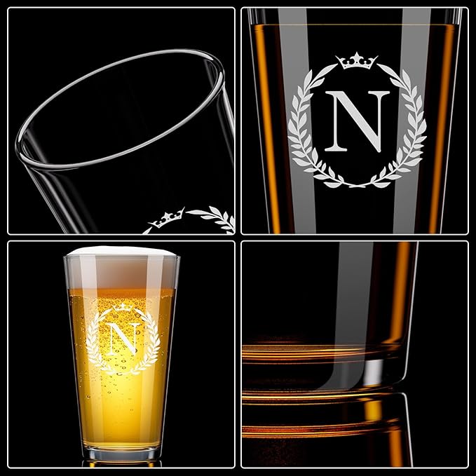 Personalized Beer Glasses Gifts for Men, 16 oz Pint Glasses Monogrammed A-Z Drinking Glass Cups Customized Gift, Unique Christmas Anniversary Birthday Gifts for Men Him Dad Brother Husband Grandpa (N)