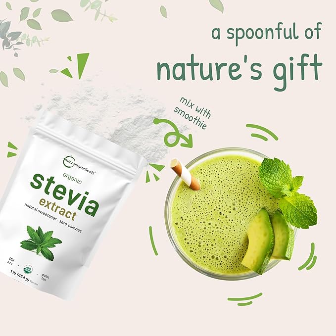 Pure Organic Stevia Powder, 1 Pound, 2,837 Servings, Highest Grade Stevia Green Leaf Extract Reb-A, Reduced Bitter Aftertaste, 0 Calorie, Natural Sweetener, Sugar Alternative, Keto Friendly