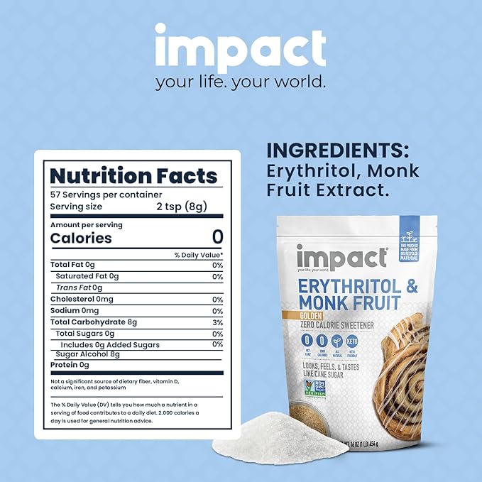 Impact - Golden Erythritol & Monk Fruit - Zero Calorie Sweetener, Sugar-Free, Non-GMO, Net Carb Free, Zero Glycemic, Baking Use - 1lb Resealable Bag