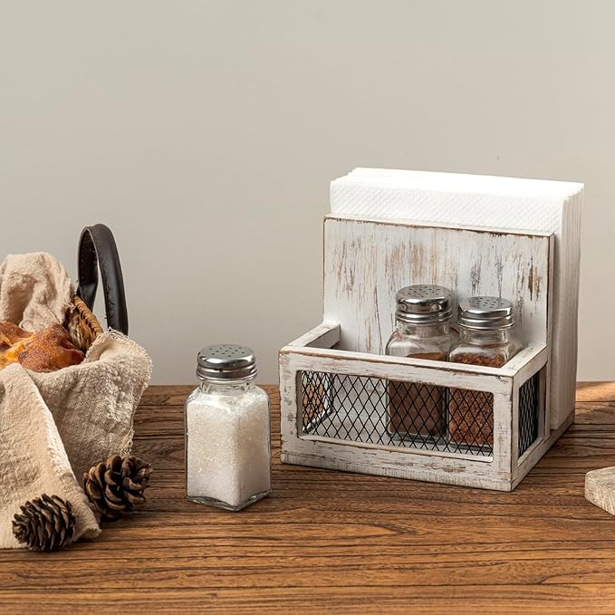 FARM IN Napkin Holder, Farmhouse Multifunctional Napkin Holder with Salt and Pepper Shakers Holder for Home and Commercial Use, Rustic Solid White Washed Wood & Diamond Metal Wire Mesh