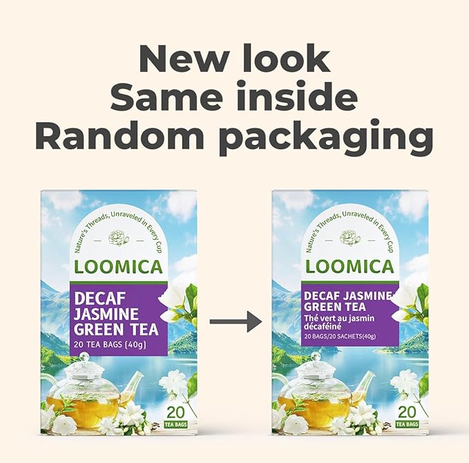 LOOMICA Decaf Jasmine Green Tea, Decaffeinated, Smooth & Refreshing Jasmine Green Tea Bags, Naturally Fragrant with Fresh Blossoms, Perfect for Relaxation & Daily Enjoyment, 20 Counts