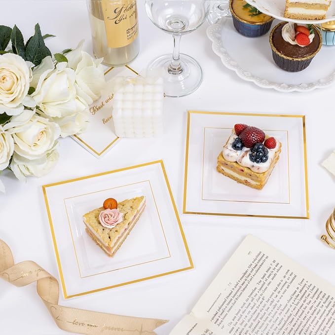 bUCLA 100PCS Clear Gold Plastic Square Plates - 6 Inch Clear Disposable Dessert/Cake Plates with Gold Trim - Ideal for Weddings,Birthday&Party