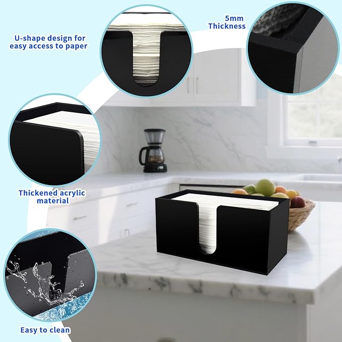 Paper Towel Holder for Countertop, Black Acrylic Napkin Dispenser – Fits Multifold, C-Fold & Z-Fold Trifold Towels, Durable 5mm Thick for Bathroom, Kitchen, Restaurant & Toilet (1pcs)