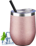 12 oz Insulated Wine Tumbler with Lid and Straw Double Wall Vacuum Insulated Wine Cup Stainless Steel Wine Tumbler Glasses for Coffee,Champaign,Office (Wrinkle Paint Rose Gold,1)
