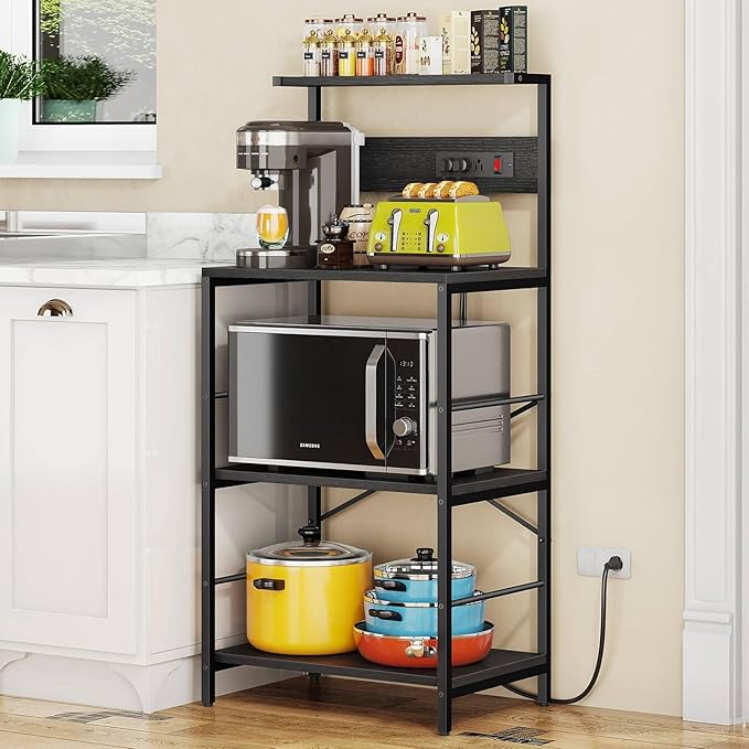 Bakers Rack with 3 Power Outlets, 4-Tier Kitchen Microwave Stand with Storage, Freestanding Kitchen Shelf Stand 23.6”L x 15.7”W x 51.2”H, Coffee Bar Table, Black