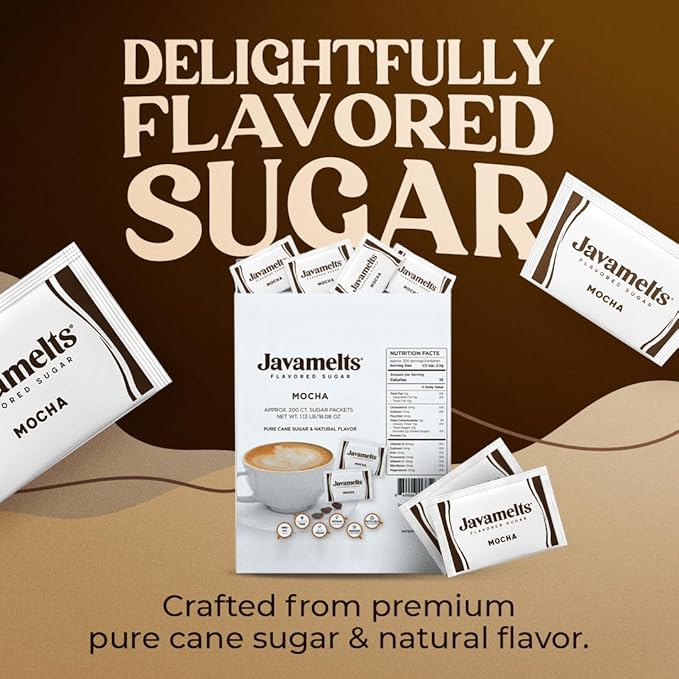Javamelts Mocha Flavored Sugar Packets | Pure Cane Sugar for Baking, Coffee Syrup Substitute, Cocktails, Tea | Non GMO, Non Dairy, Gluten Free, Kosher | 1,000 Bulk Sugar Packets