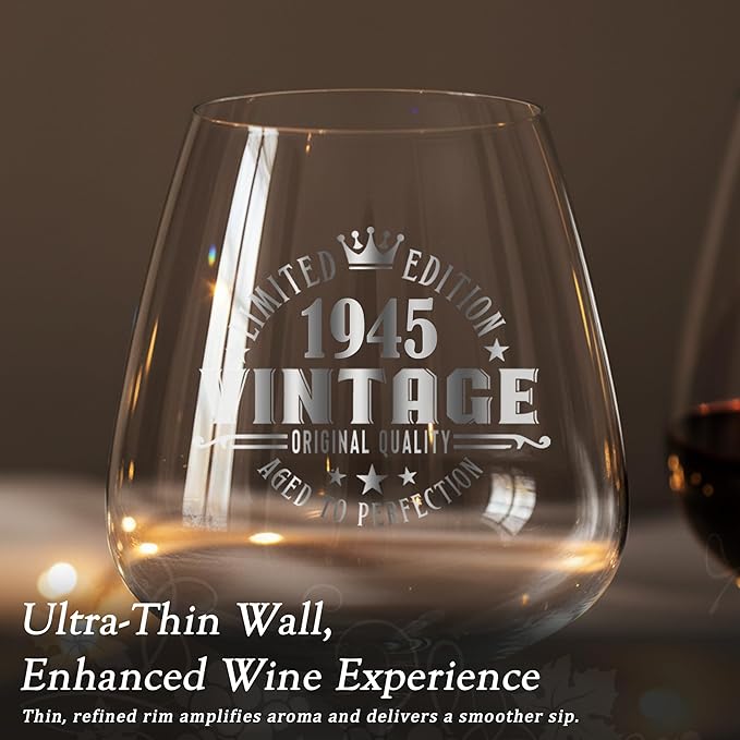 Crystal Burgundy Wine Glasses Cup Red Long Stem White Personalized Cute Large Women 80th Birthday Gifts for Her 80 Years Old Best 1945 Funny Cool Friend Gift Unique Birthday Party Decorations