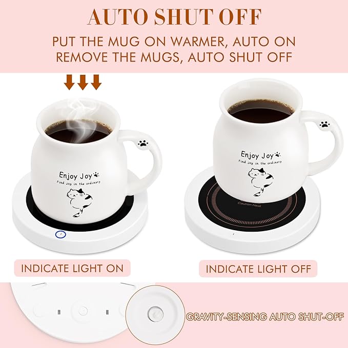 Coffee Mug Warmer, Cute Cat Mug Set, Coffee Cup Warmer for Desk, Gifts for Women, Black and White Heated Coffee Warmer for Mom Home Office Christmas Birthday Gifts