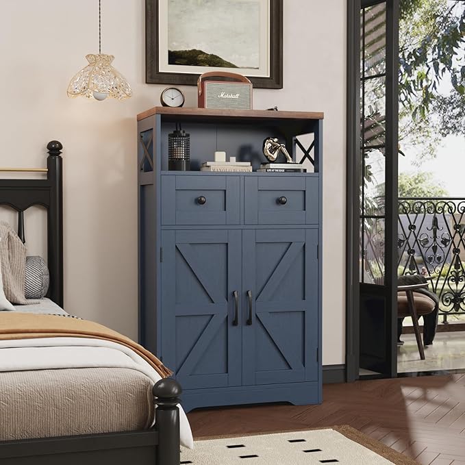 Farmhouse Blue Storage Cabinet with Barn Doors and Drawers, Small Freestanding Kitchen Pantry Cabinet, Hutch Cupboard for Kitchen, Laundry, Living Room,Bathroom