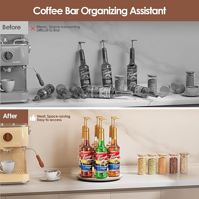 Rotating Coffee Syrup Organizer, 7 Bottles Coffee Syrup Rack for Countertop Syrup Bottle Holder Stand for Coffee Bar Station, Carbon Steel Frame with Wooden Base Coffee Bar Accessory, White