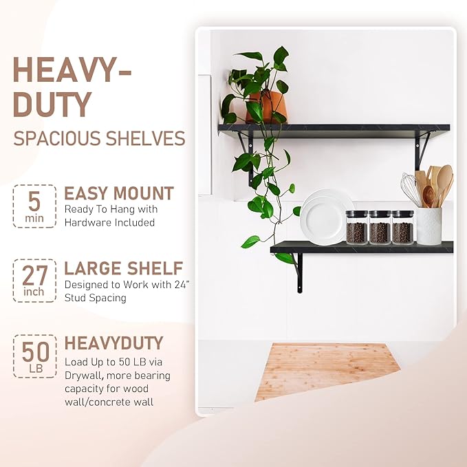 Kaboon 27 inch Long 10 inch Deep Floating Shelves for Wall Set of 2, Large Open Shelves Wall Mounted, Space Saving Home and Commercial Use, Cloud Atlas/Black Marble