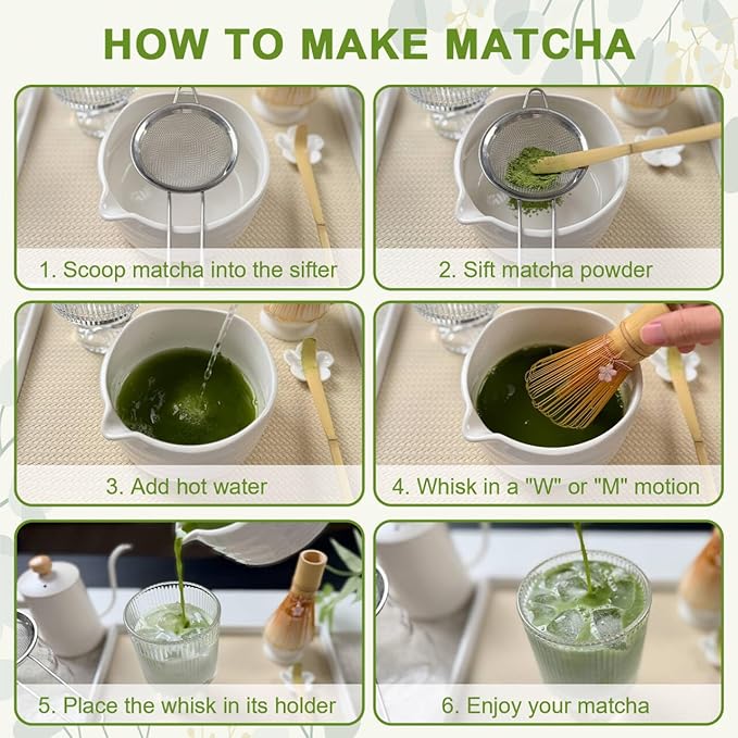 Matcha Whisk Set––7pcs Japanese Matcha Set Kit with Matcha Bowl, Bamboo Whisk, Whisk Holder, Scoop, Towel&Sifter–Perfect for Matcha Lovers&Tea Ceremonies-Daisy White