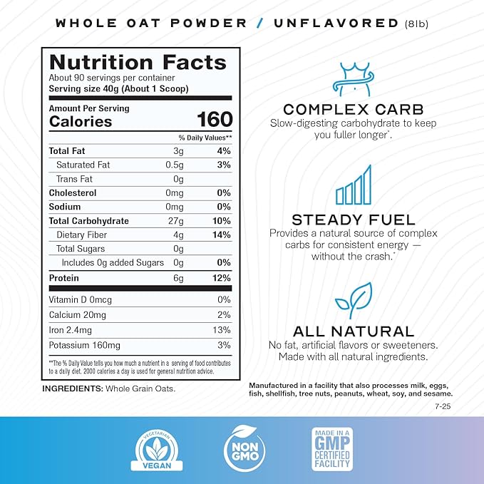 Muscle Feast Whole Oat Powder All Natural and Complex Carb Oat Fiber - Non-GMO, Vegan Powdered Oats Slow Digesting Carbohydrate Powder - Supports Steady Energy - Unflavored, 8lb