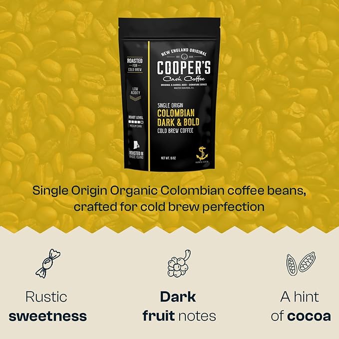 Colombian Dark Roast, Single Origin, Gourmet Organic Cold Brew Coffee Beans, Smooth Taste of Cocoa with Light Fruited Flavors, Whole Bean, 1 lb Coffee Bag