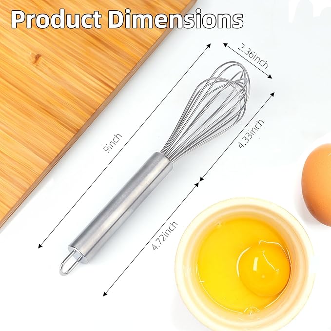 Stainless steel Small whisk for cooking, whisk is crafted with 8 thicker wire diameters, solving the problem that ordinary whisks tend to bend or break during vigorous mixing.(9 inches)