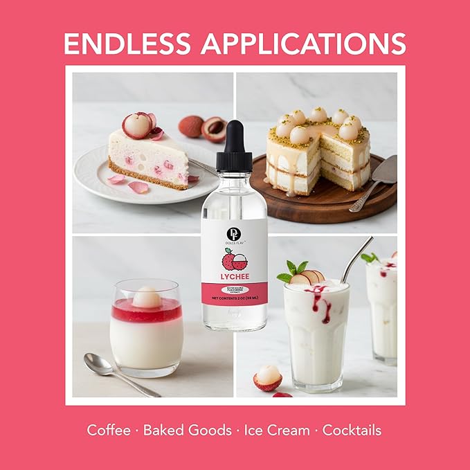 Dolce Flav Natural Lychee Extract – 2 Ounce Water-Soluble Kosher, Sugar-Free, Concentrated Exotic Lychee Flavoring for Beverages, Desserts & Baking, Includes Measured Dropper