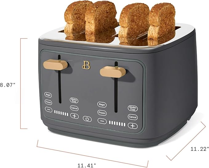 Beautiful 4 Slices Toaster with Touch-Activated Digital Display, Extra Wide Self-Adjusting Slots, Adjustable Shade Control, by Drew Barrymore (Gray)