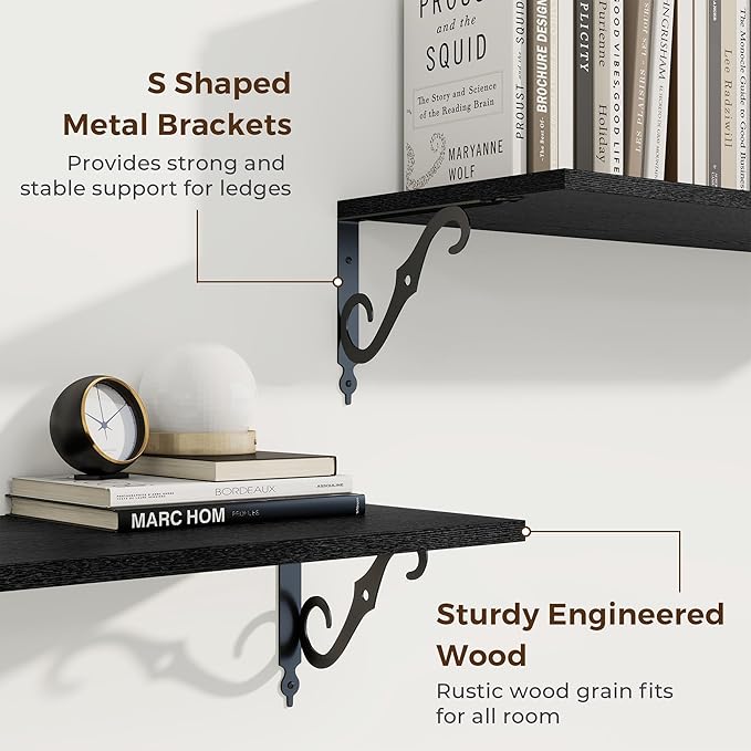 RICHFOCUS 12 Inch Deep Floating Shelves for Wall, 24" W x 12" D Black Wood Wall Shelves Set of 2, Wide Floating Shelves for Living Room, Bedroom, Kitchen, Bathroom and Decor Storage, Black