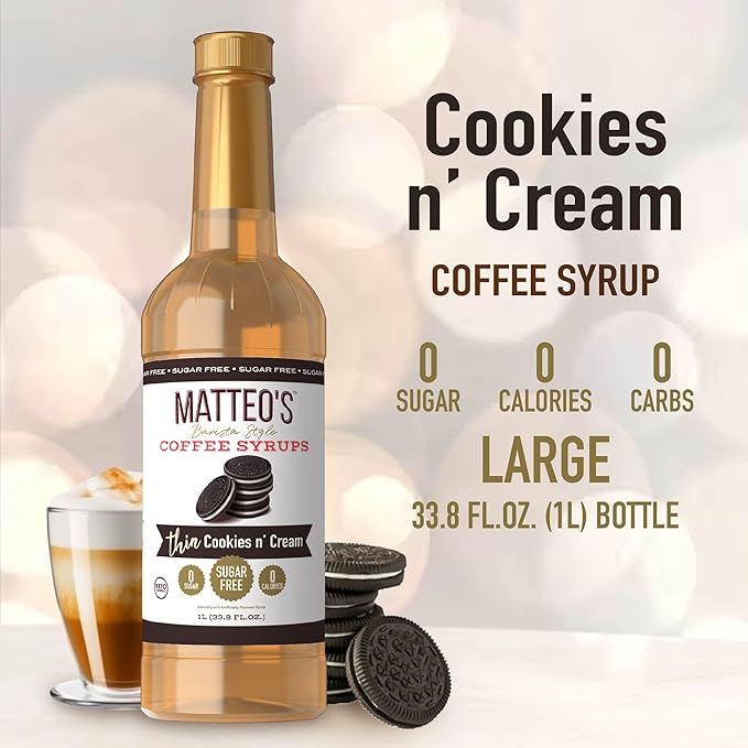 Matteo's Cookies and Cream Syrup for Coffee, Lattes, Cappuccinos & Desserts – Sugar-Free Sweetener for Beverages, Keto Friendly, Zero Calories, Indulgent Flavor, Non-Alcoholic, 33.8oz (1pk)