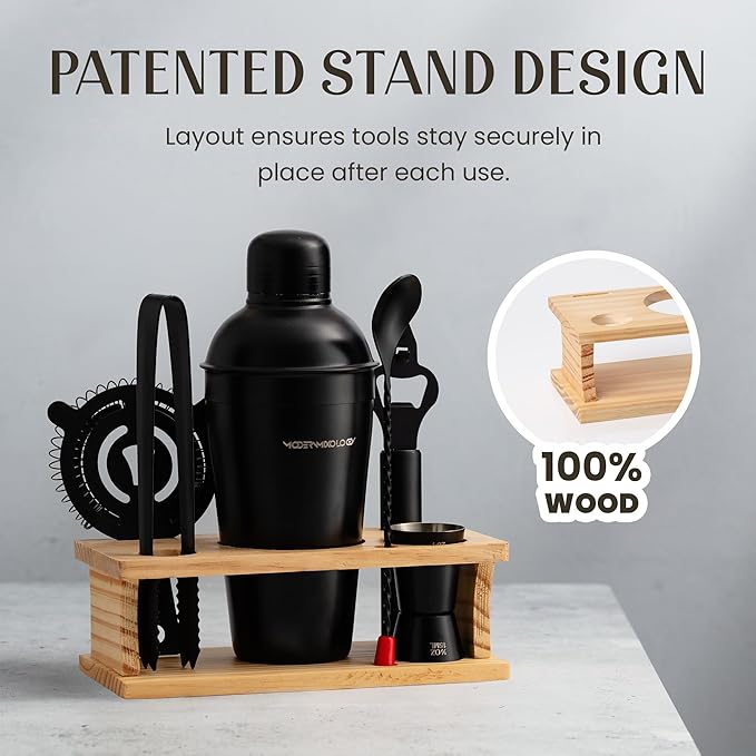 Modern Mixology Cocktail Shaker Set - 8 Piece Bartender Kit with Martini Shaker and Popular Bar Accessories on Quality Pine Stand - Leak Proof Design (Black)