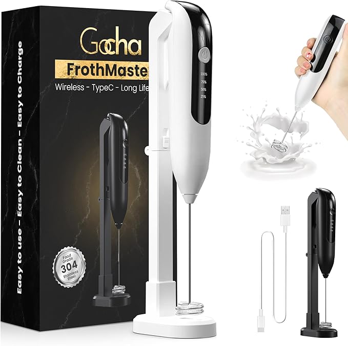 GOCHA | Electric Milk Frother Handheld - Rechargeable Coffee Frother with USB-C & 2 Speeds - Powerful RPM Latte Foam Maker for Cappuccino, Matcha, Hot Chocolate - Includes Stand & Whisk (White)