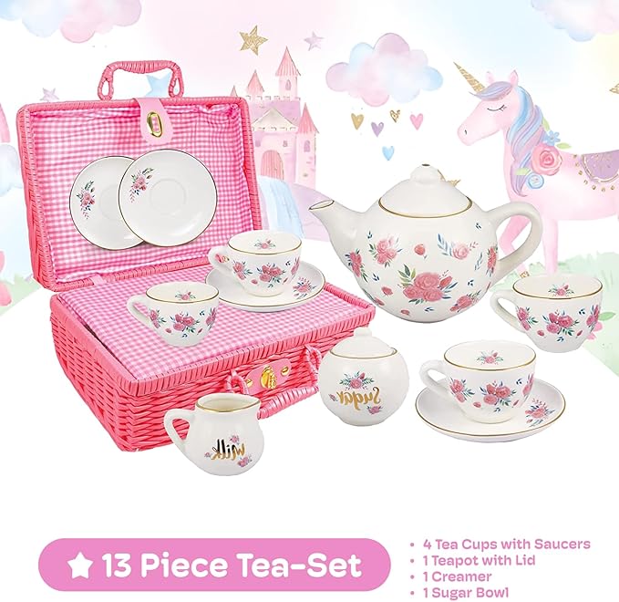 Porcelain Tea Set for Girls - Pink Ceramic Tea Cups with Pink Box - Glass Toy for Kids Party - Ideal Gift for Toddlers and Children's Ages 3 Years Old - Floral Design, 13 Pieces