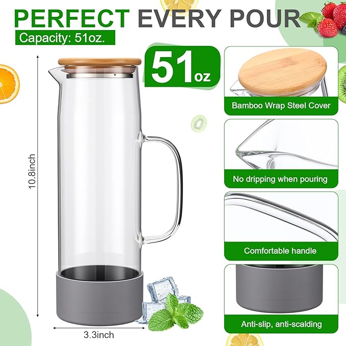 Honeydak 2 Pack 51oz/1.5 Liter Glass Pitcher with Lid, Water Pitcher with Silicone Base, Spout and Handle Large Ice Tea Carafe for Fridge, Anti-slip Glass Jug for Drinks