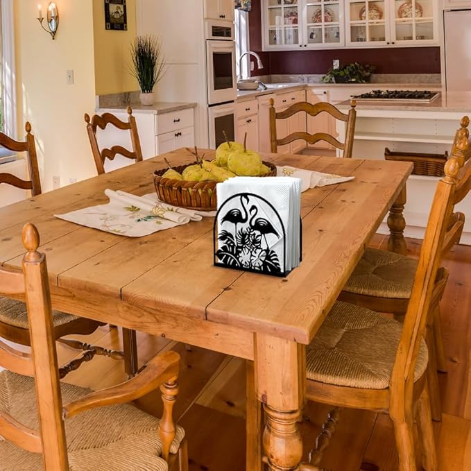 Flamingos Animal Decorative Black Metal Napkin Holder for Table, 5.3" x 4.9" x 1.9" Tropical Leaves Standing Napkin Holder for Home Kitchen Restaurant Picnic Party Coffee Bar Dining Room