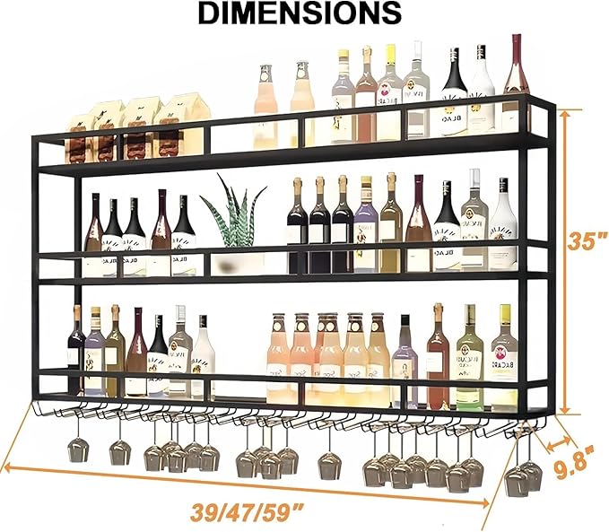 Wall-Mounted Wine Rack with LED Light, 3-Tier Wall Bar Shelves for Liquor Bottles & Glasses, Modern Industrial Black Floating Display Shelf for Home Bar, Dining Room& Kitchen, 39 x 9.8 x 35 in