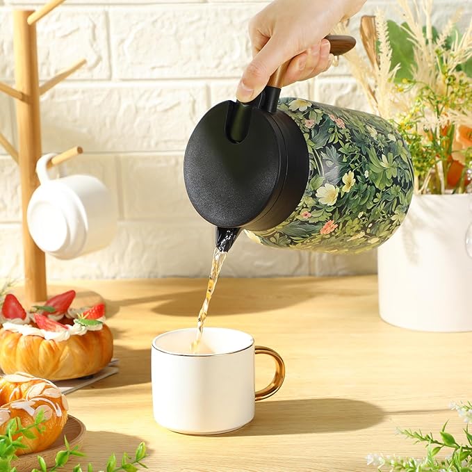 LemonRoad 2 Pcs Vintage Floral Pattern Tea Pot, Vintage Teapot with Infuser, Floral Pattern Tea Pot with Lid, Wooden Handle Thermal Carafe for Hot Drinks Coffee(Green, Pink)