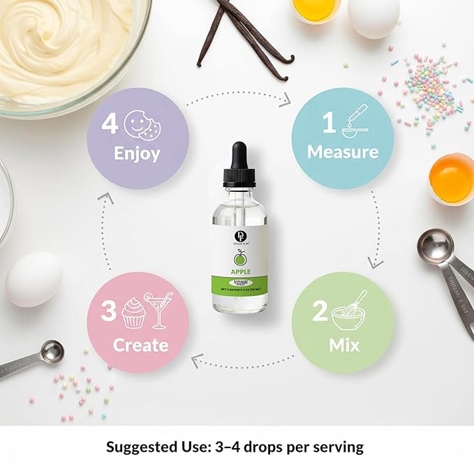 Dolce Flav Natural Apple Extract – 2 oz Water-Soluble Pure Apple Flavoring Drops for Baking, Drinks & Desserts | Highly Concentrated | Sugar Free | Allergen Free | Made in USA