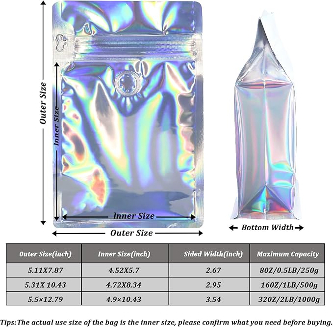 Coffee Bags with Valve (50 PCS,16oz/1lb) Holographic High Barrier Aluminum Foil Flat Bottom Standing Coffee Beans Storage Packaging Bags, Reusable Heat Seal Side Zipper Pouches for Small Business