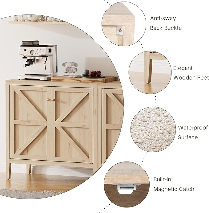 Wood Sideboard Buffet Cabinet with Doors - Farmhouse Kitchen Storage Cabinet, Coffee Bar Console Table with Adjustable Shelves, Buffet Table for Living Room, Hallway (White Oak, 2 PCS)