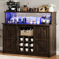 4ever2buy Farmhouse Coffee Bar Cabinet with LED Light & Mirror, 47” Buffet Cabinet with Sliding Barn Door,Coffee Bar with 4 Glass Hooks & 9 Wine Racks for Kitchen Dining Living Room, Brown