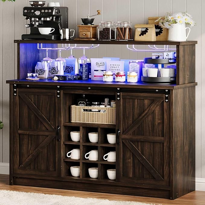 4ever2buy Farmhouse Coffee Bar Cabinet with LED Light & Mirror, 47” Buffet Cabinet with Sliding Barn Door,Coffee Bar with 4 Glass Hooks & 9 Wine Racks for Kitchen Dining Living Room, Brown