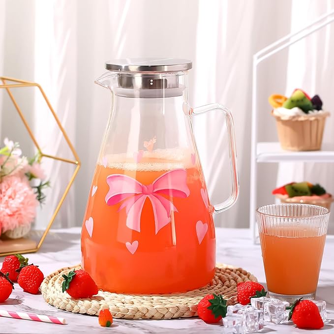 Domensi 74 oz / 2200 ml Glass Pitcher with Lid Water Pitcher with Handles Beverage Water Jar Glass Jug Hot and Cold Resistant Carafe for Tea Juice Milk Coffee Iced Beverage (Pink Bow)